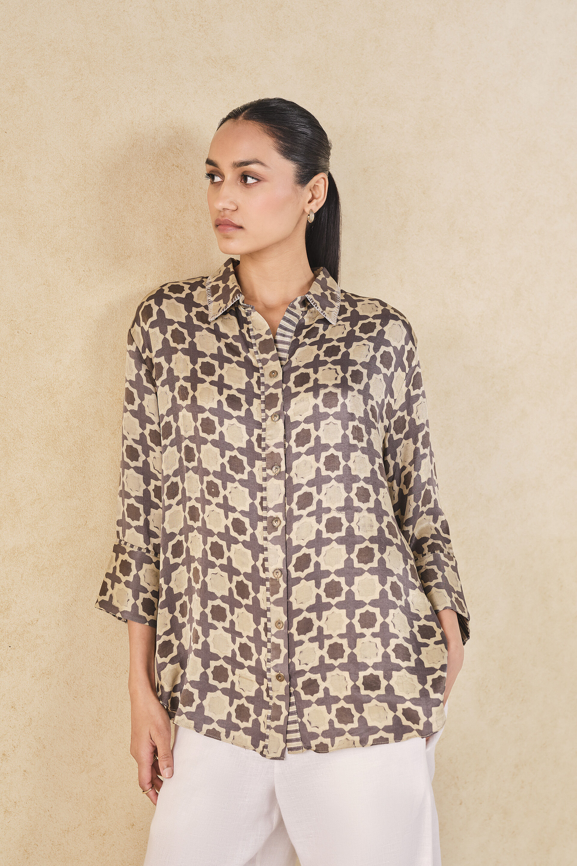 Halidrys Handcrafted Ajrakh Silk Top - Grey, Grey, image 4